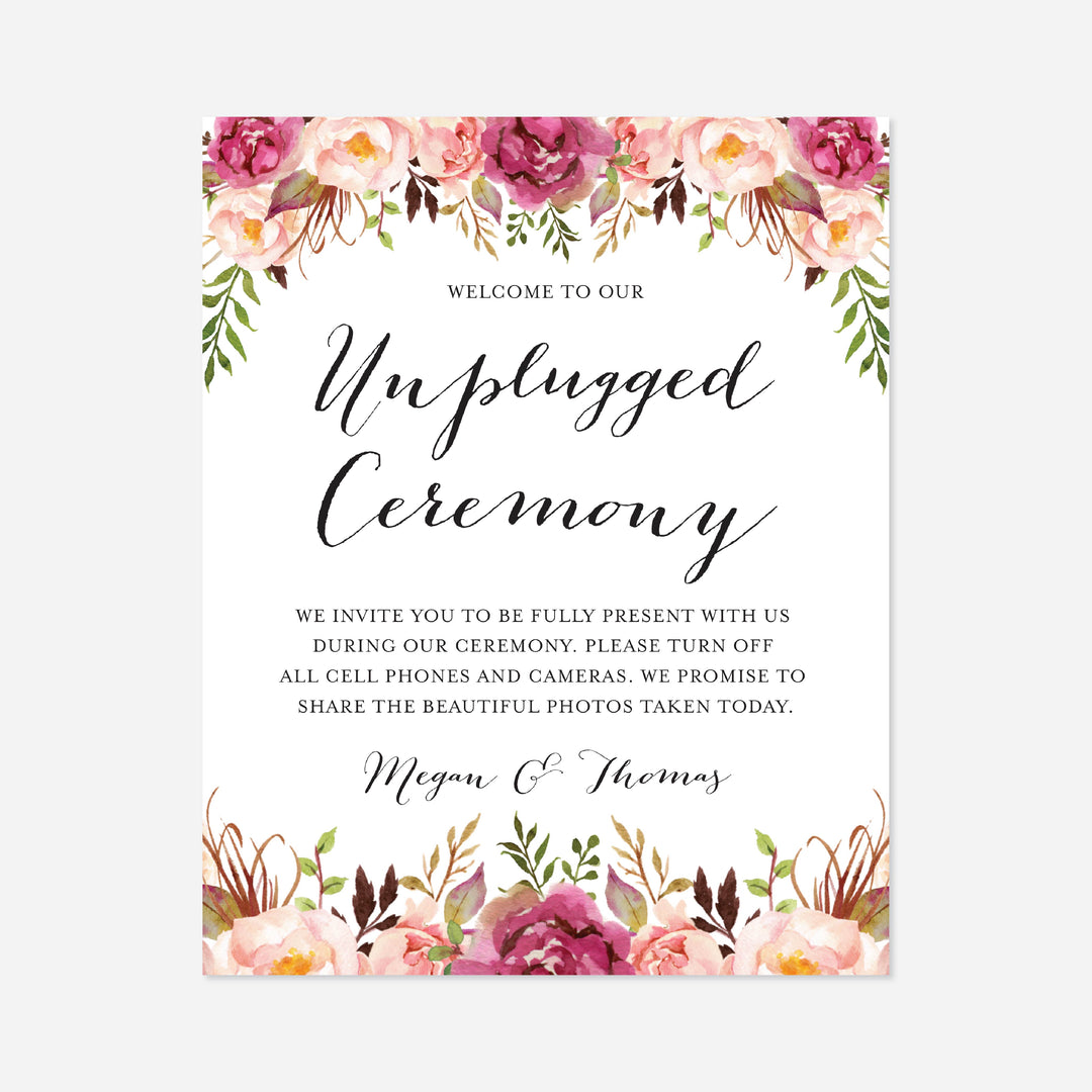 Pink Floral Wedding Unplugged Ceremony Sign Printable