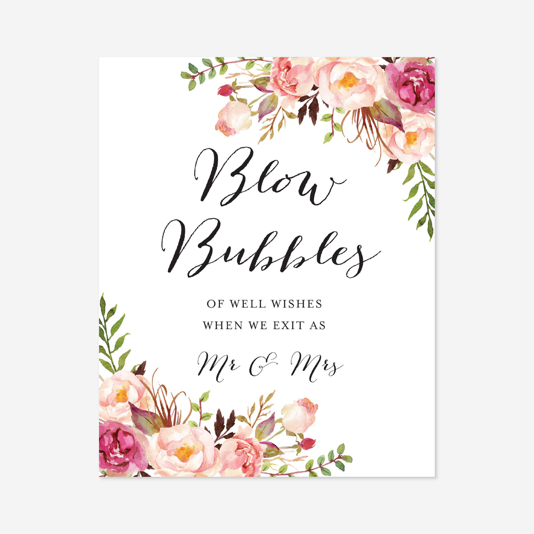 Pink Floral Wedding Blow Bubbles Sign Printable