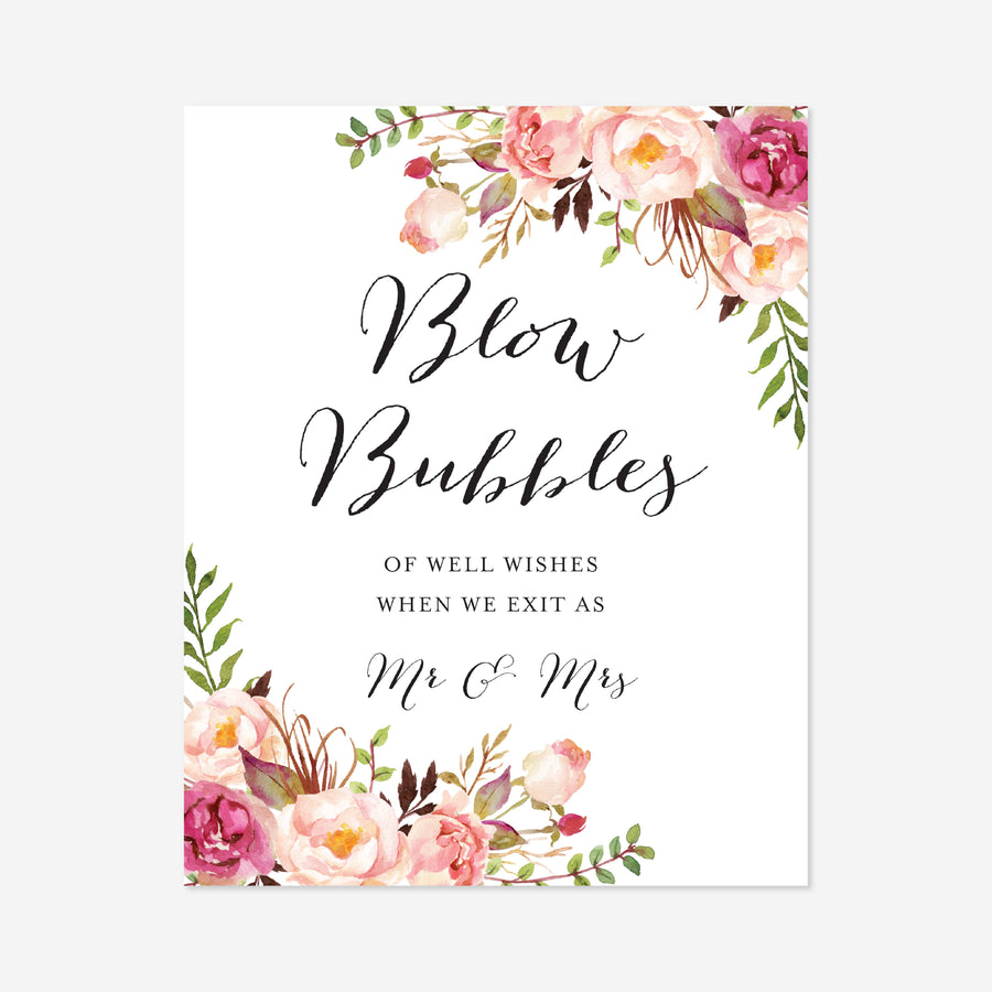 Pink Floral Wedding Blow Bubbles Sign Printable