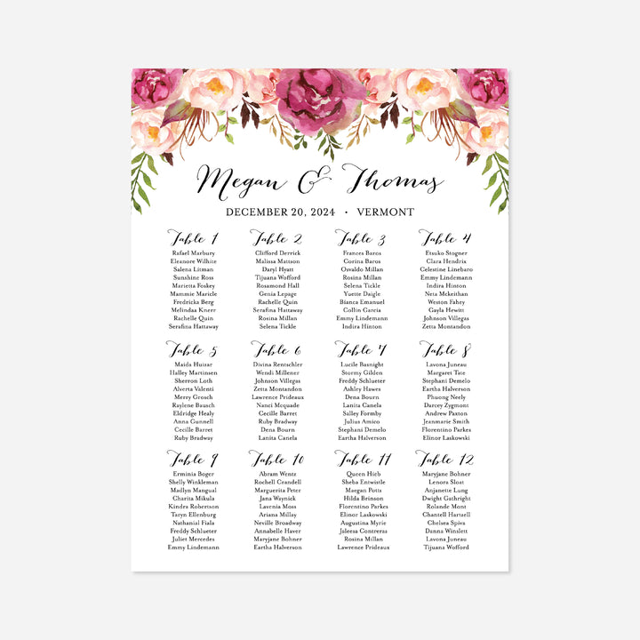 Pink Floral Wedding Seating Chart Printable