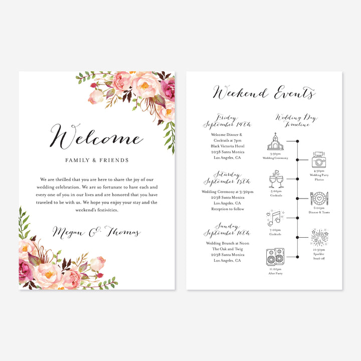Pink Floral Wedding Welcome Bag Letter and Timeline or Itineraries Printable