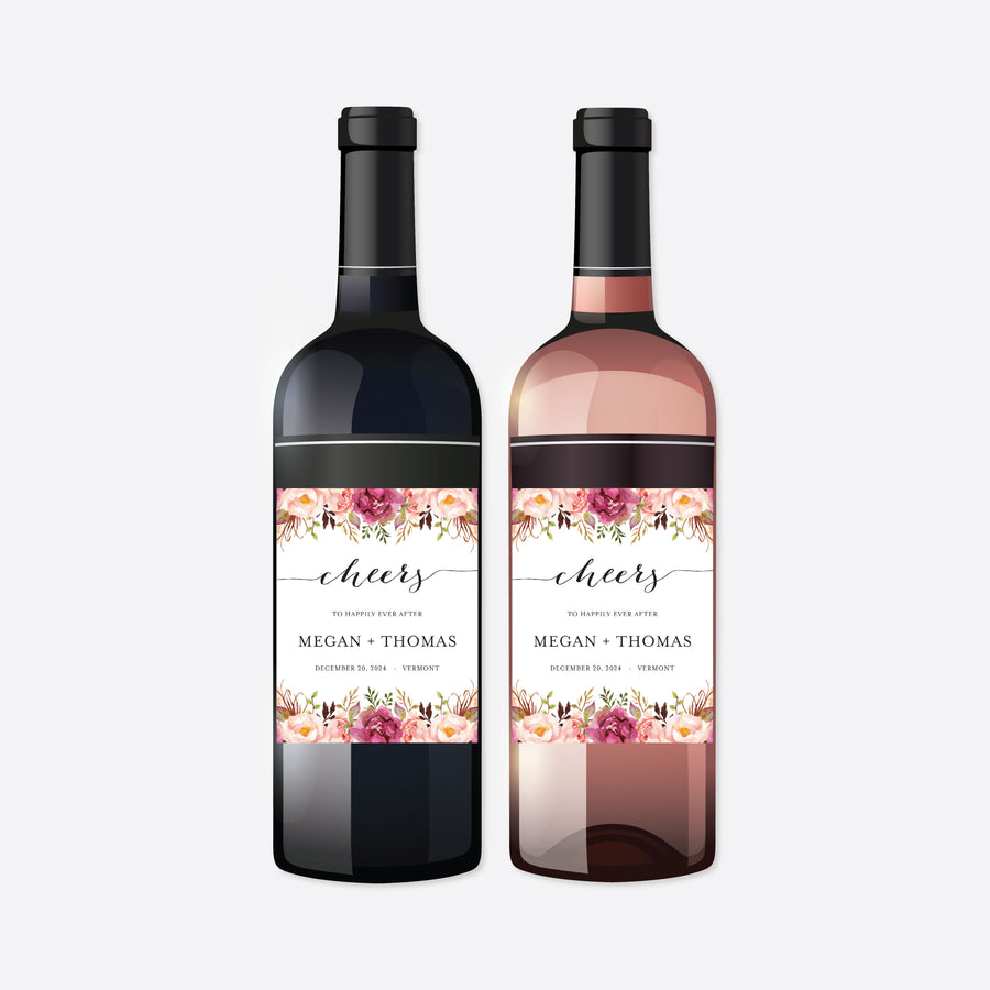 Pink Floral Wedding Wine and Champagne Label Printable