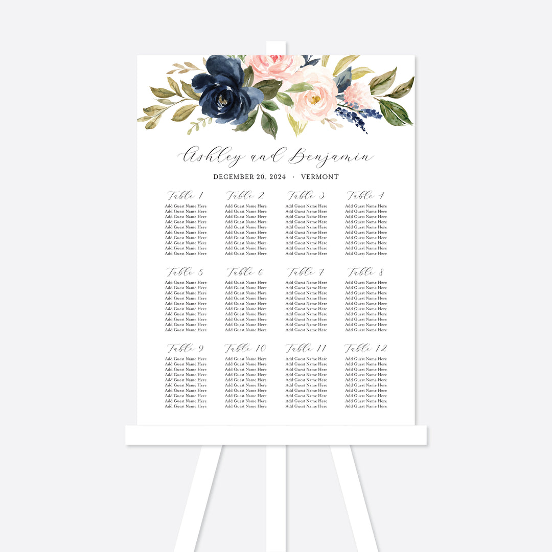 Navy Blush Wedding Seating Chart Sign Printable