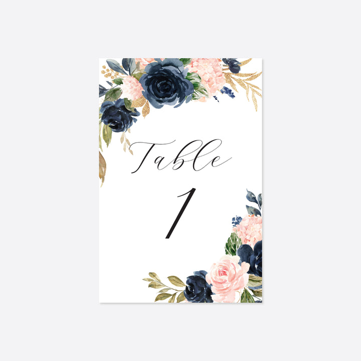 Navy Blush Wedding Table Number Printable