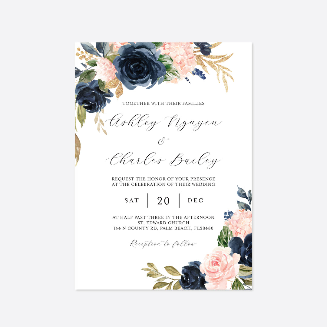Navy Blush Wedding Invitation Printable