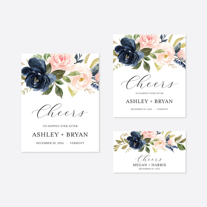 Navy Blush Wedding Wine and Champagne Label Printable