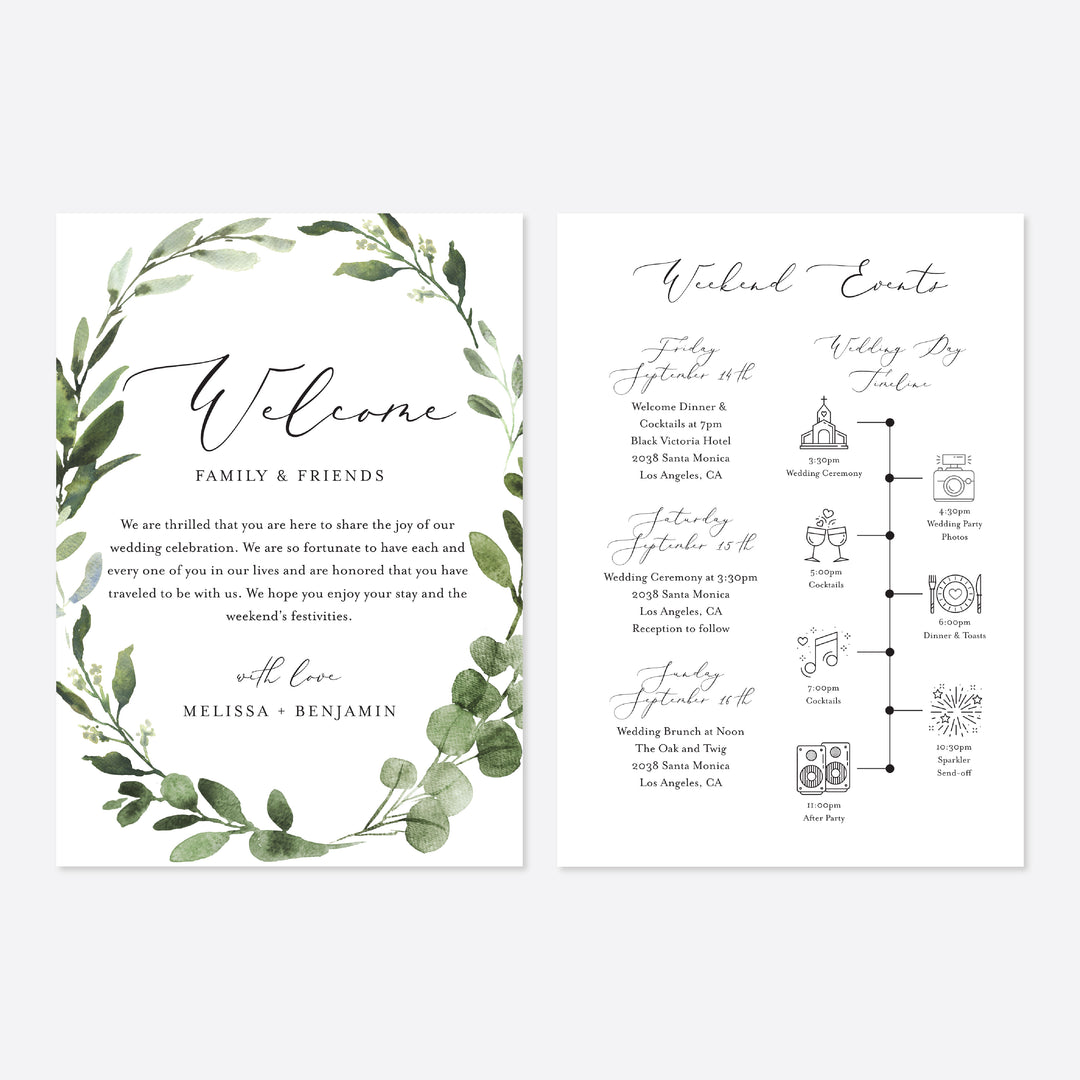 Foliage Wedding Welcome Bag Letter and Timeline or Itineraries Printable