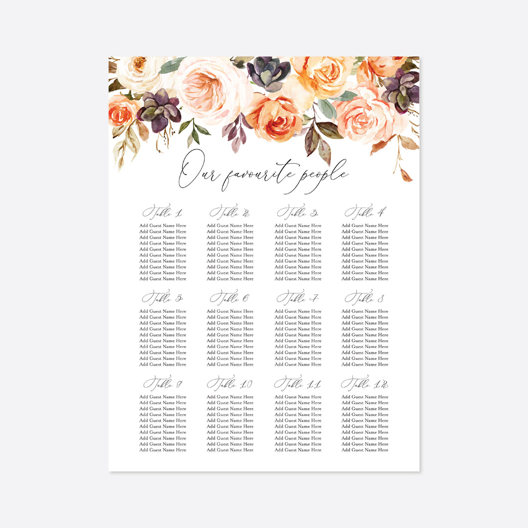Autumn Garden Wedding Seating Chart Sign Printable