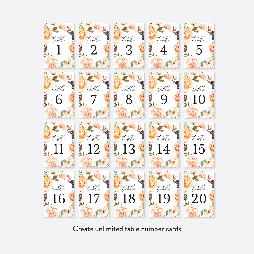 Autumn Garden Wedding Table Number Printable