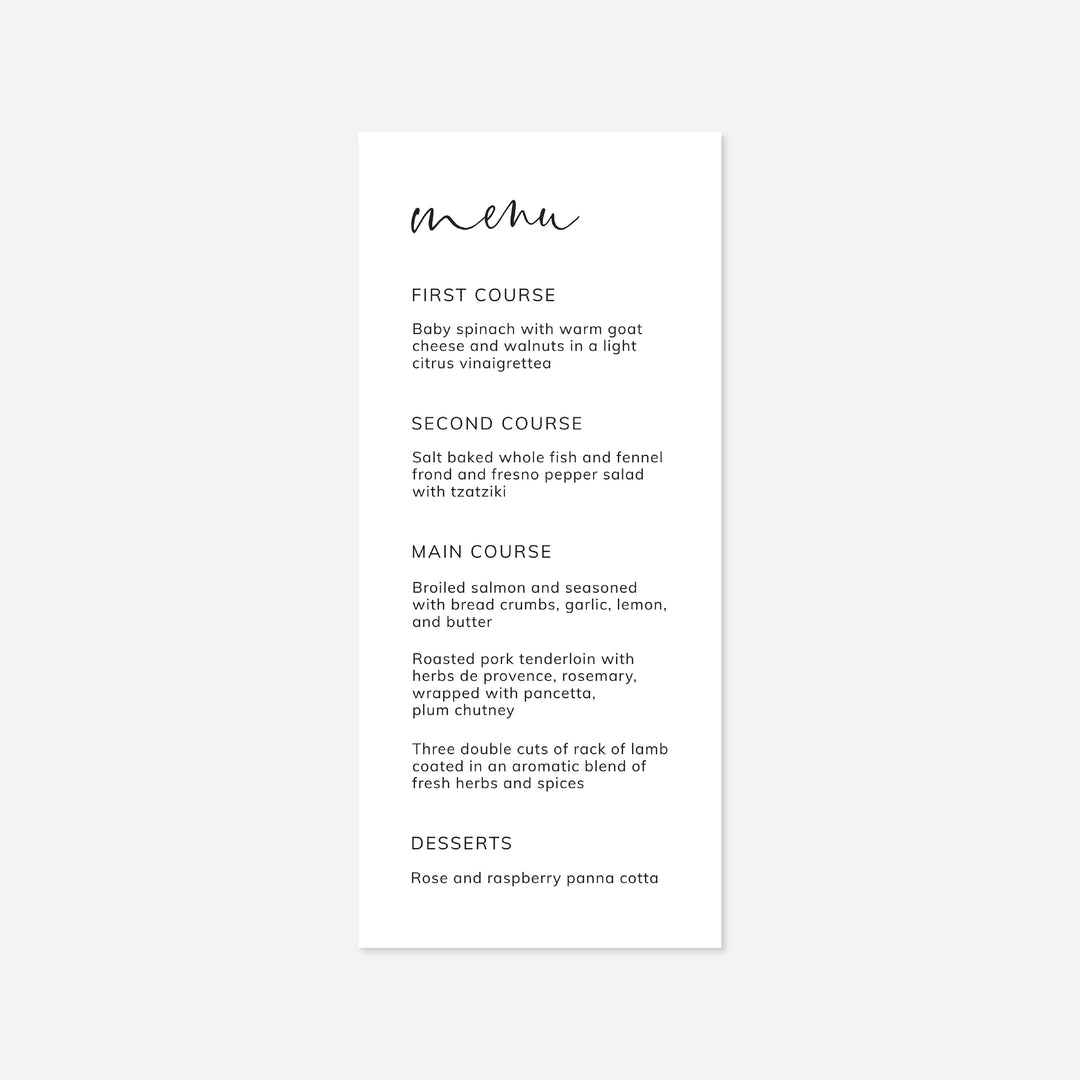 Modern Minimal Wedding Menu Card Printable