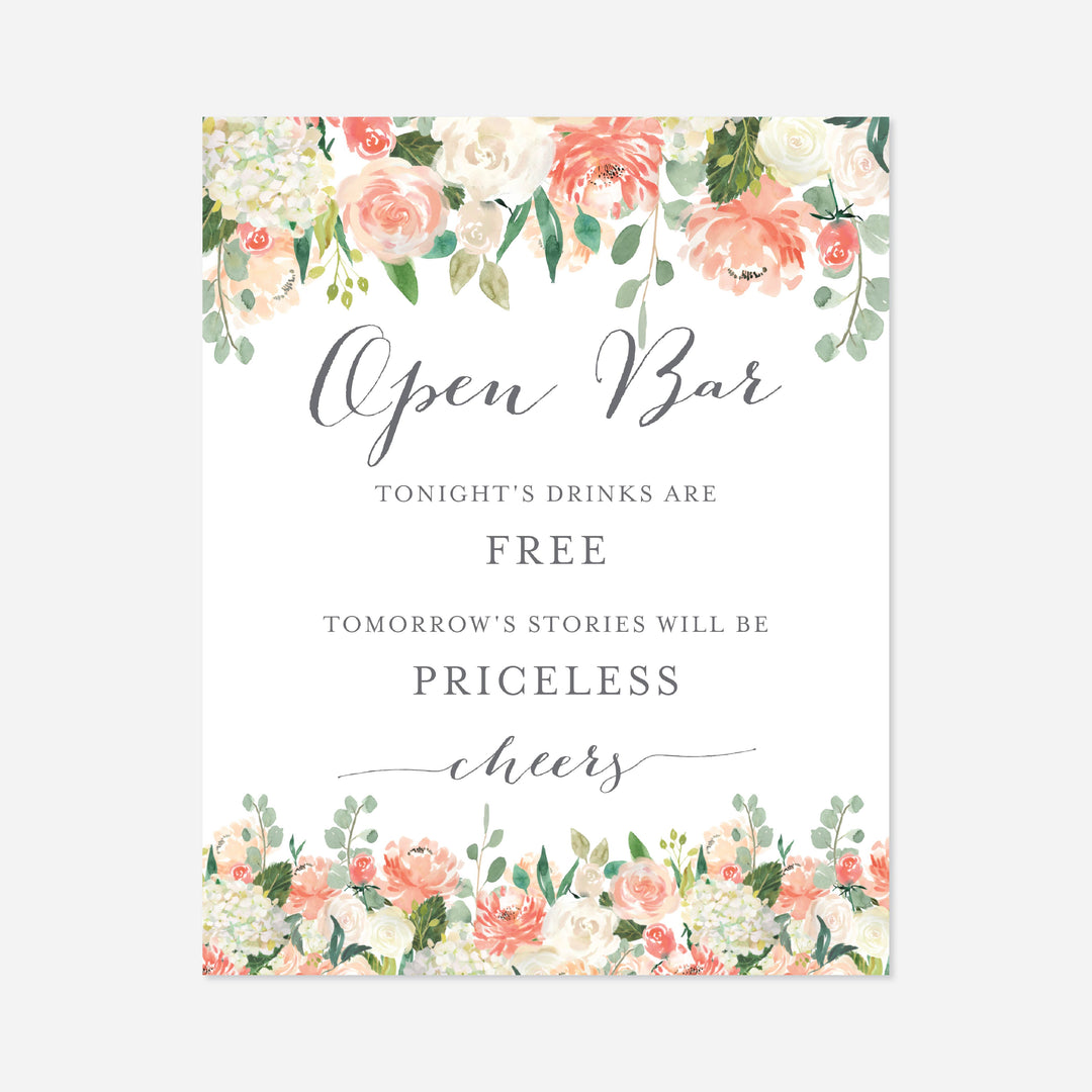 Peach and Cream Wedding Open Bar Sign Printable