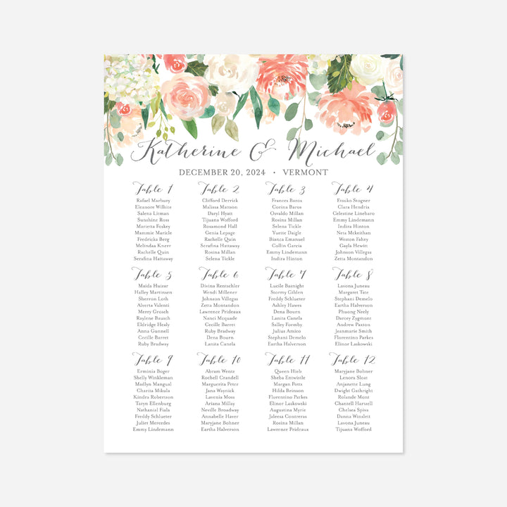 Peach and Cream Wedding Seating Chart Printable