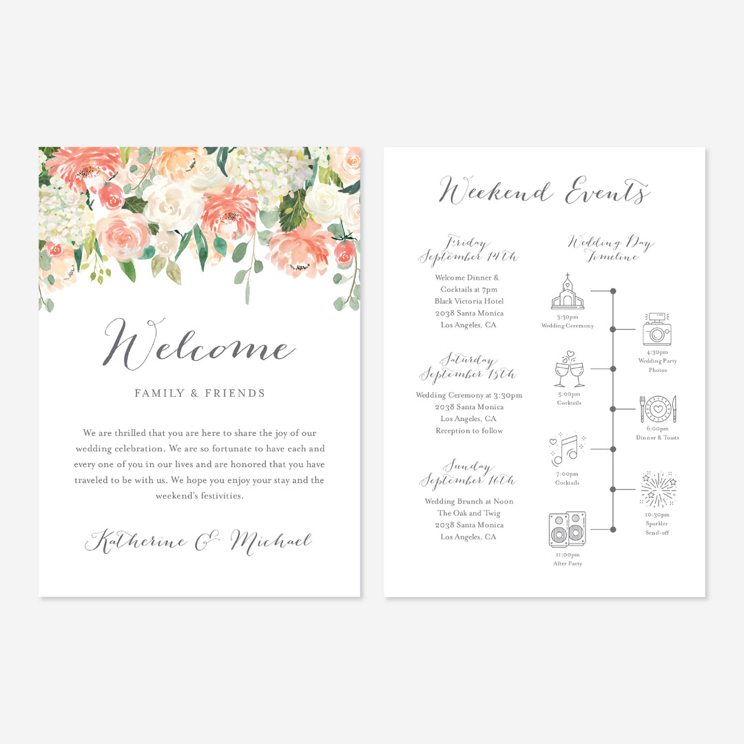 Peach and Cream Wedding Welcome Bag Letter and Timeline or Itineraries Printable