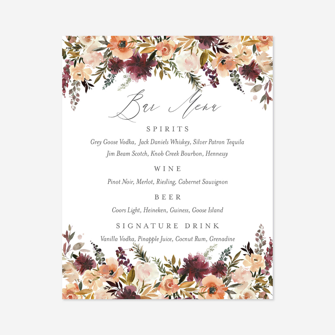 Romance Blush Wedding Bar Menu Sign Printable