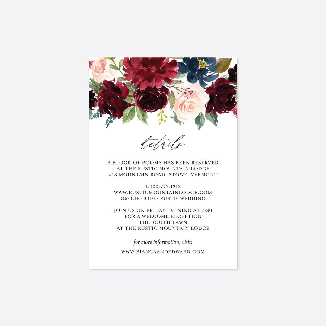Burgundy Navy Wedding Details Card Printable