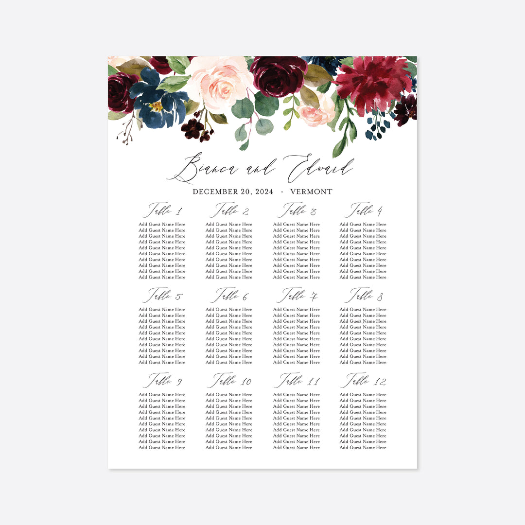 Burgundy Navy Wedding Seating Chart Printable