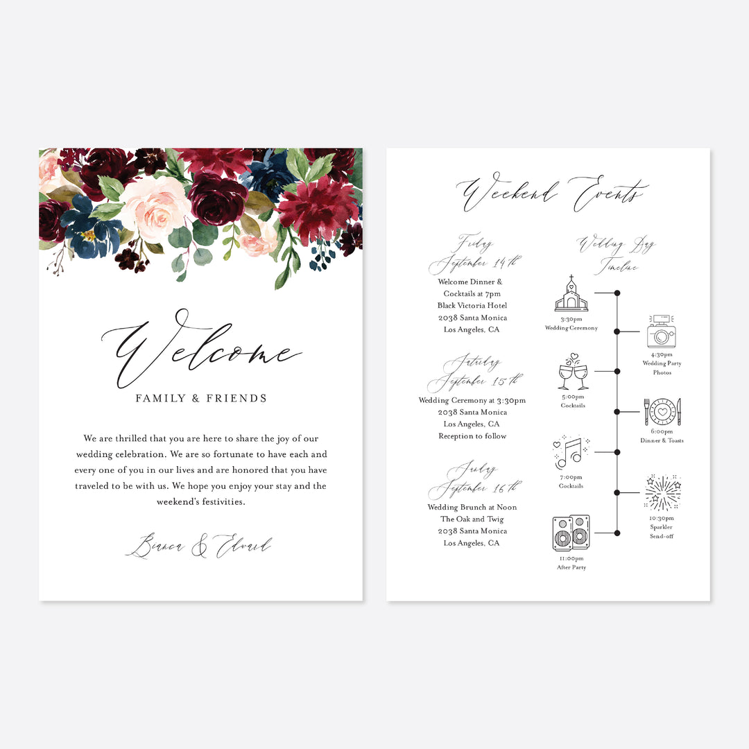 Burgundy Navy Wedding Welcome Bag Letter and Timeline or Itineraries Printable