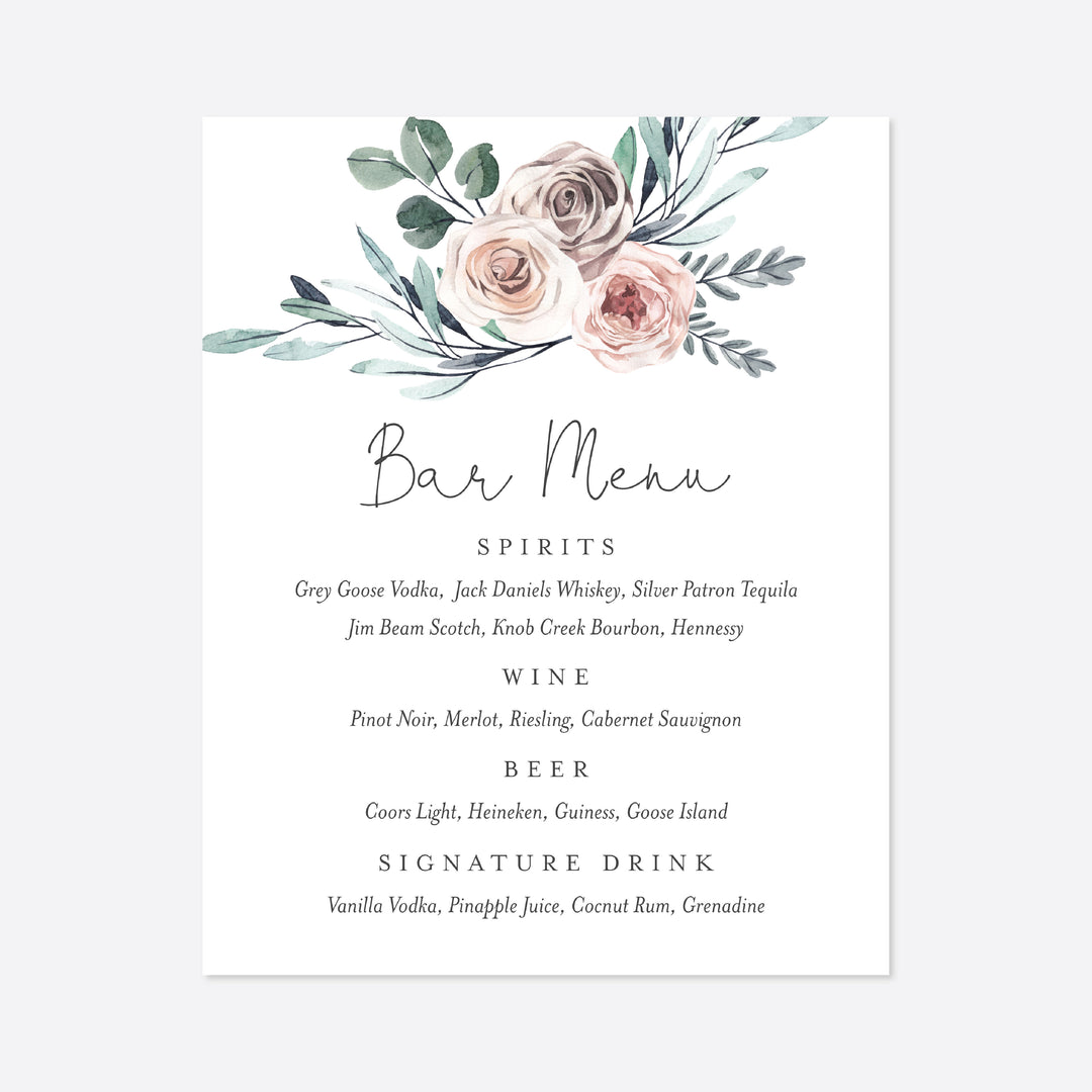 Boho Rose Wedding Bar Menu Sign Printable