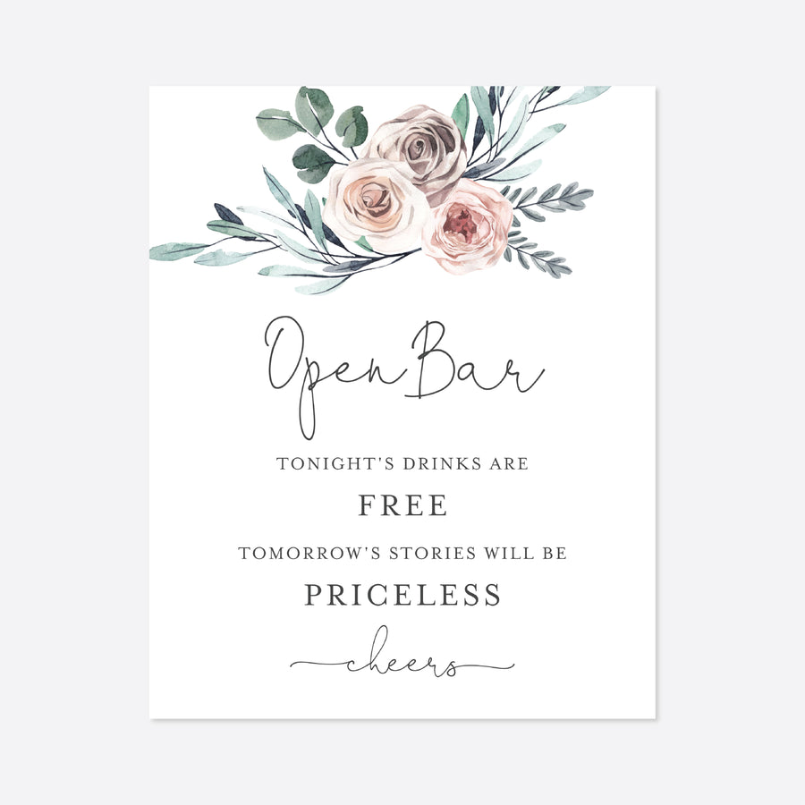 Boho Rose Wedding Open Bar Sign Printable