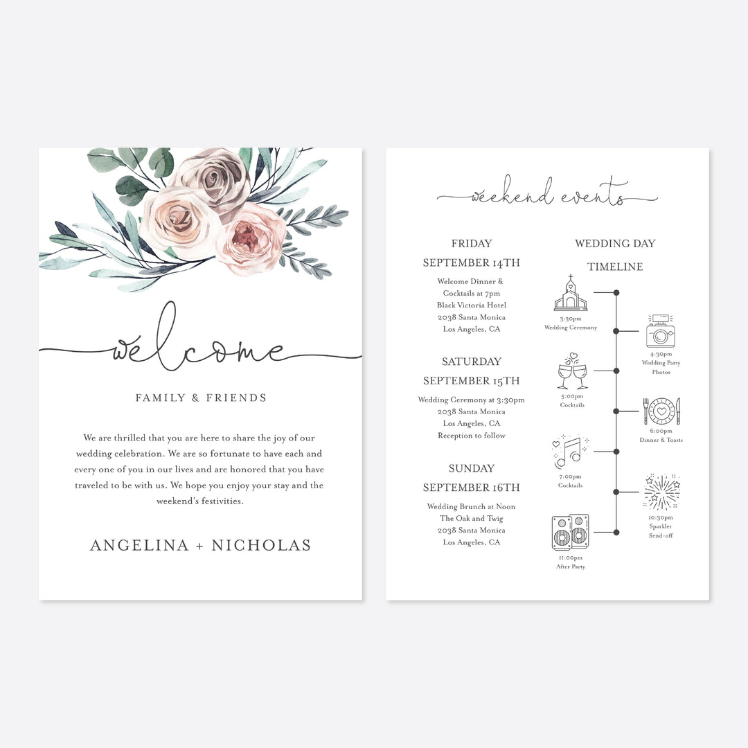 Boho Rose Wedding Welcome Bag Letter and Timeline or Itineraries Printable