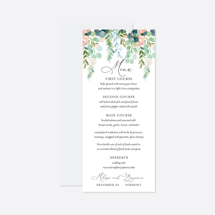 Blush Garden Wedding Menu Card Printable