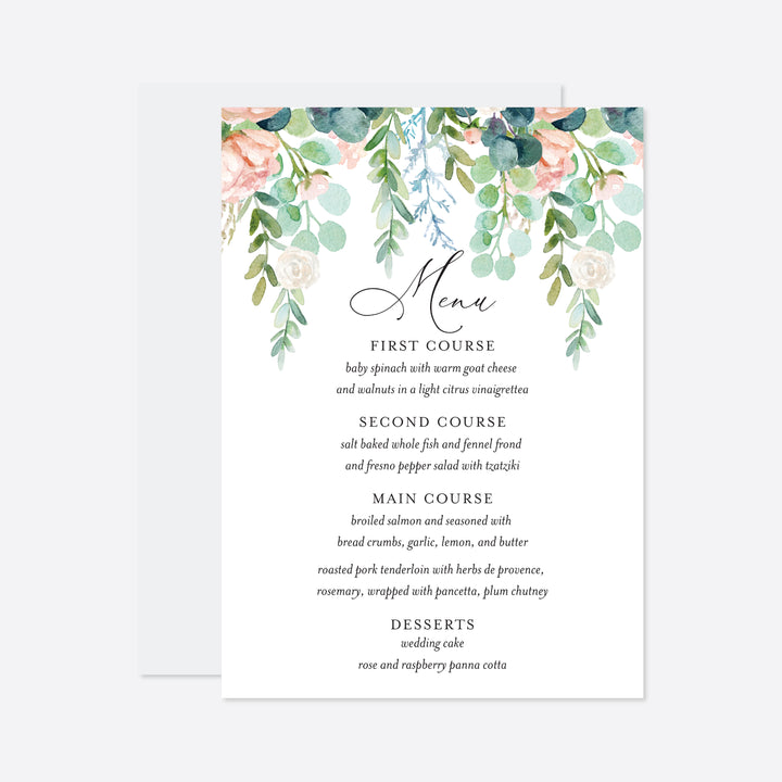 Blush Garden Wedding Menu Card Printable